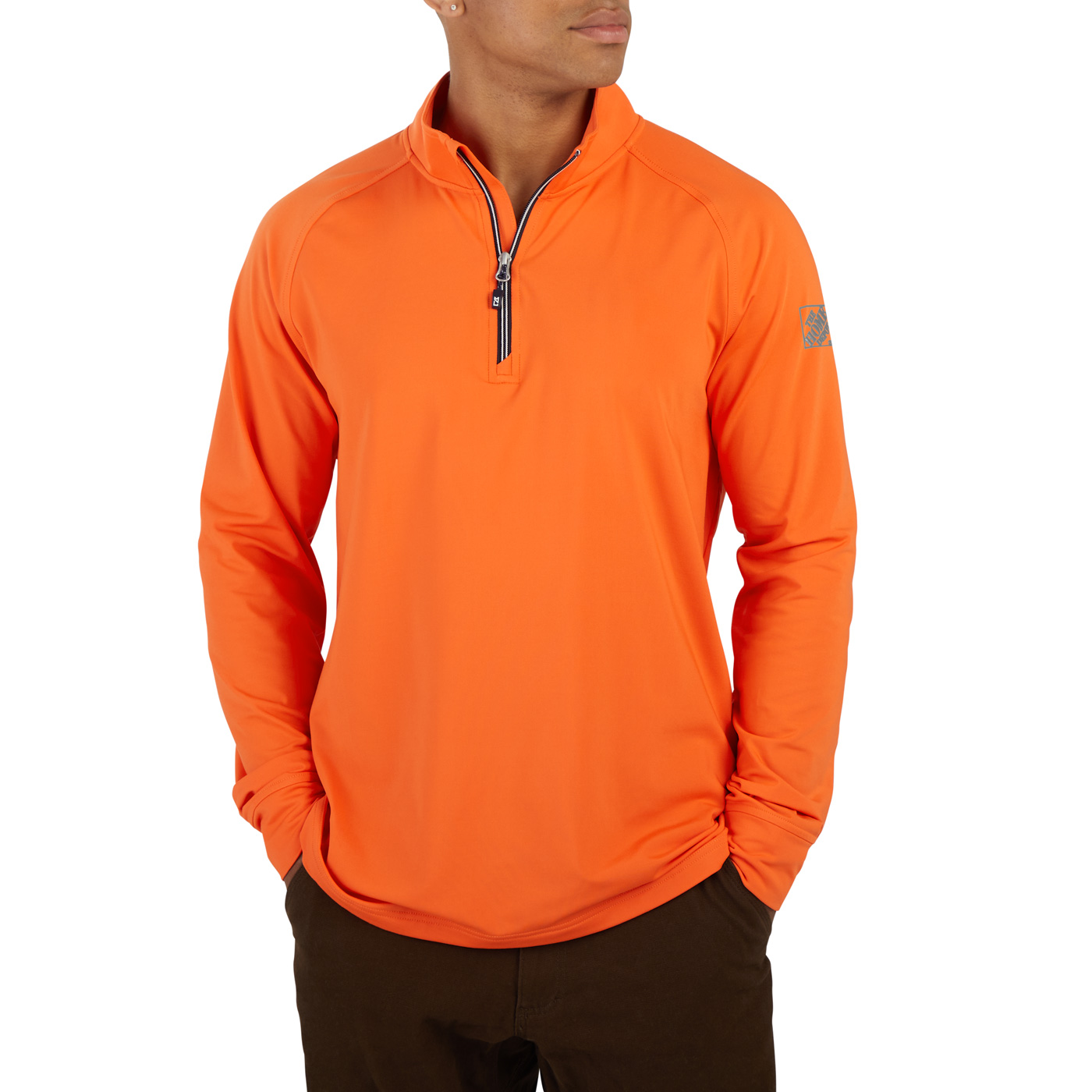 orange quarter zip with grey The Home Depot logo worn by a male model